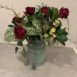 Beautiful Faux Floral Arrangements Roses And Greenery In A Metal Vase With Handle , Bucket Size 8.50” Tall   The width of bucket 5.50” total height wi