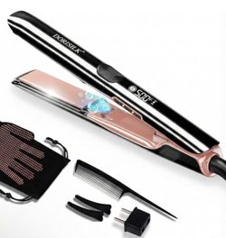 Heating Ceramic Flat Iron 2 in 1 Hair Straightener and CurlerPlasma Flat Iron Get Frizz-Free Sleek DORISILK flat iron in black with rose gold plates. 