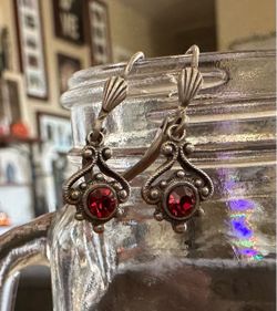 Silver Dangle Earrings with Red Stone