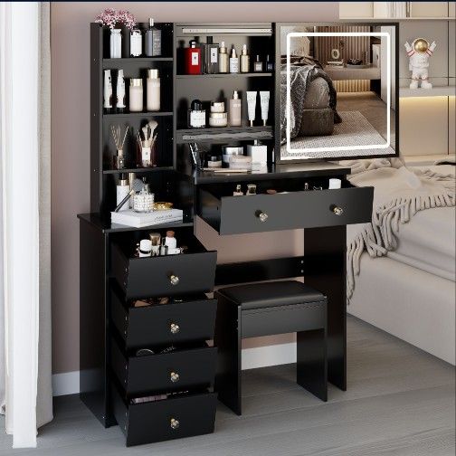 37 Middle Size Left Bedside Cabinet Vanity Table + Cushioned Stool, Large Sliding, Touch Control, Tri-color Switching, Brightness Adjust LED Mirror, H