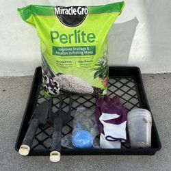 garden supplies lot - hand tools tray perlite gloves starter pots
