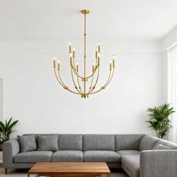 9-Light Large 2-Tier Candle Style Rustic Hanging Light Fixture Modern Farmhouse Gold L12