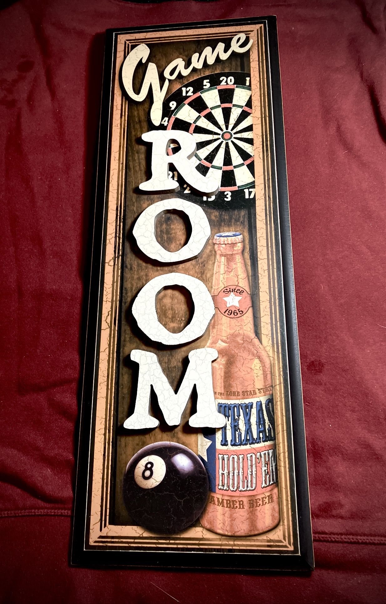 Game Room Sign (Man Cave)Wood 7 3/4”x 21 3/4”Darts ,Billiards, Poker & Beverage