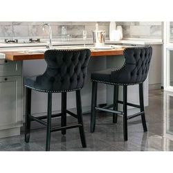 FREE 🎁 - New Black Velvet Bar Stools Set of 2 - Tufted Bar Chairs for Counter Bar Height 27"