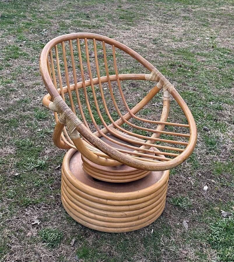 Vintage Mid Century Modernist BoHo Chic Cane Rattan Bamboo Tilt Swivel Platform Hoop Accent Arm Chair