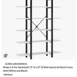 Modern 5-Tier Bookshelf, 72" H × 47" W Wall Industrial Metal Frame Shelf (White and Black)