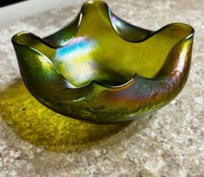 Antique Loetz Crete Iridescent Glass Bowl 3.5”x7.5”