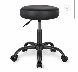 Round Rolling Stool PU Leather Height Adjustable Swivel Drafting, Fully Black