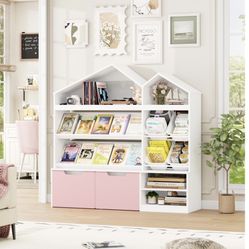 Toy Organizers and Storage, Small Bookcase and Pink Bookshelf with 2 Drawers and 4 Mobile Toy Boxes, Playroom Organization and Storage, Toy Storage Or