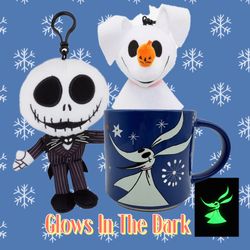 Disney Nightmare Before Christmas Glow In The Dark Mug + Zero & Jack Plush Bag Clips Set NWT