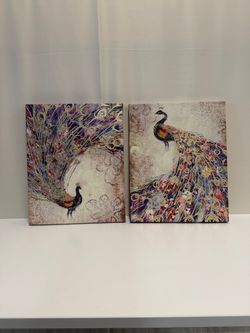 Pair of Peacock Canvas Wall Art with Gold Accents