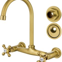 Airuida Antique Brass Wall Mount Kitchen Sink Faucet, Wall Mounted 8 Inches Center Faucet, Wall Mounted Commercial Kitchen Faucet, 360 Degree Swivel S