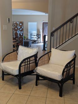 Black Rattan and Cane Armchairs with White Cushions - Set of 2