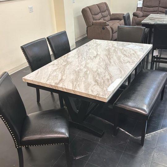 Marble Dining Set Table 4 Chairs and Bench 