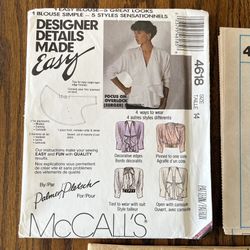 McCall’s Palmer Pletsch Sewing Pattern 4618 Size 14 Blouse Designs Vintage 1989