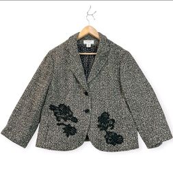 Nine West Womens Boucle Tweed Blazer Lace Embroidered Wool Blend Sz 14W Single