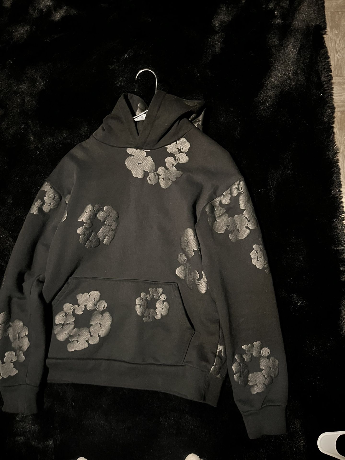 black on black denim tear hoodie
