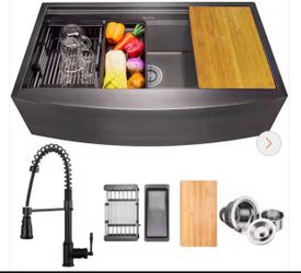 All-in-One Matte Black Finished Stainless Steel 33 in. x 22 in. Farmhouse Apron Mount Kitchen Sink with Faucet #KS0532-KF12