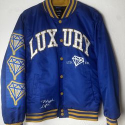 rue21 Luxury High Life Varsity Jacket Blue Yellow Graphic Men's Small Casual