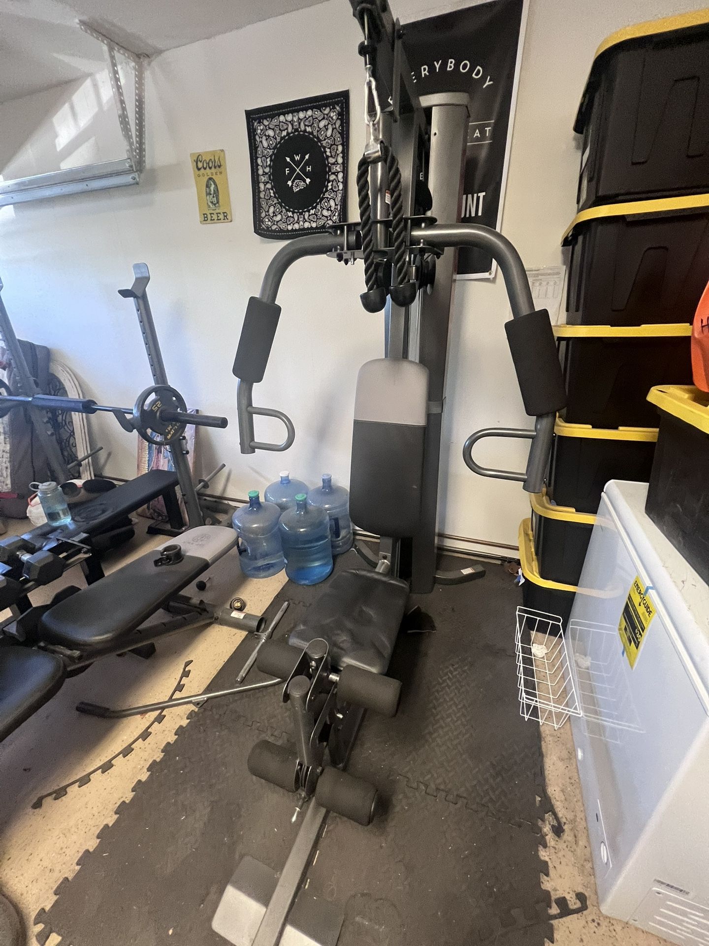 Weider Home Gym Station And Golds Gym Bench Press Station With Weights.