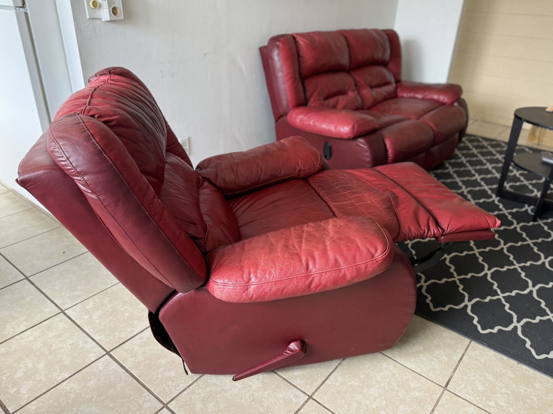 Used Cherry Real Leather Three Peace Reclining Living Room Set