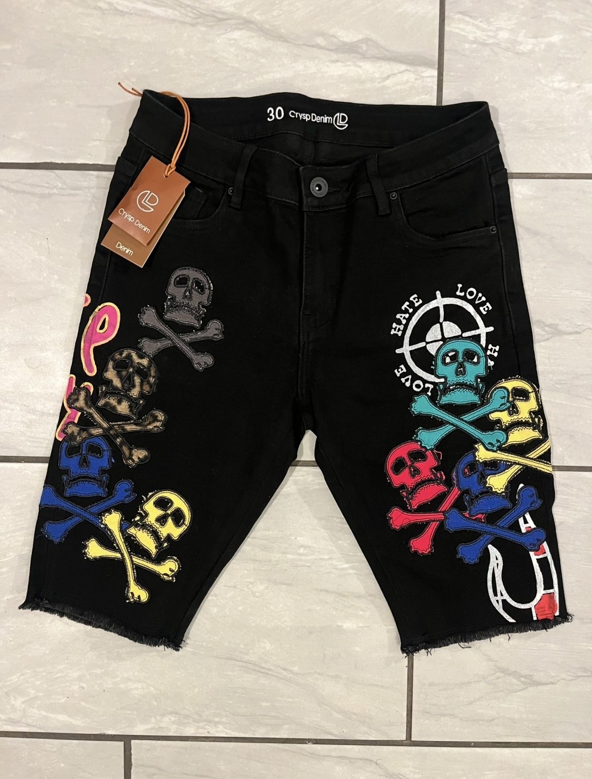 Crysp Denim Jean Shorts Mens Size 30 Black Stretch Denim Skull Embroidered Y2K