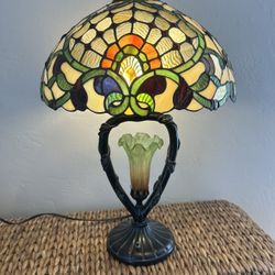 Vintage Tiffany Style Tulip Triple Lit Table Lamp Satined Art Glass Collectible Rare Light Lily Antique Style Centerpiece, Statement, Lighting Retro