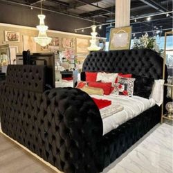 AP🎉 Black Queen Fireplace TV Bluetooth Bed// Financing & Delivery 
