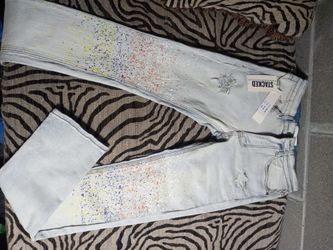 Stacked Light Wash Paint Splatter Distressed Jeans