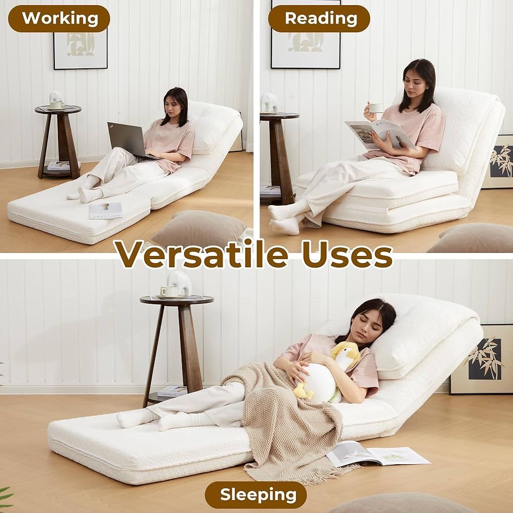Gaming Chair Foldable Tatami Lazy Sofa Bed, Cozy Human Dog Bed with 5 Adjustable Positions for Living Room, Bedroom & More, Cream