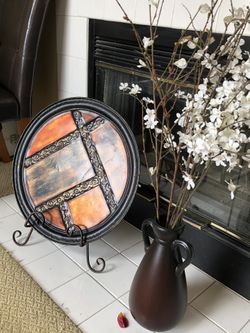 Decorative Metal Plate with Ceramic Vase