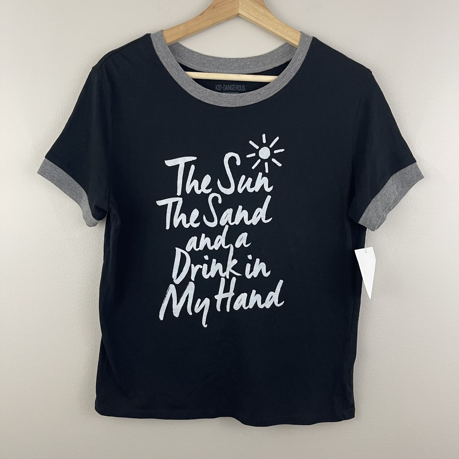 "The Sun, The Sand, and a Drink in My Hand" Black White Grey Summer Graphic Tee