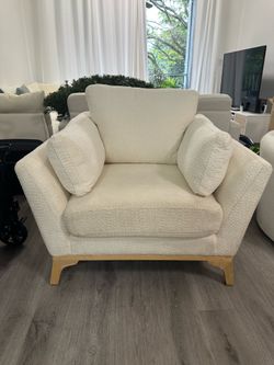 Modern White Boucle Armchair with Wood Base