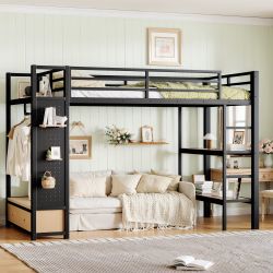 Lilwen Twin XL Size Metal Loft Bed with Wardrobe, Pegboard and Shelves