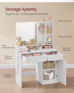 Vanity Desk with Mirror and Lights, Adjustable Color Lighting Bedroom Dresser