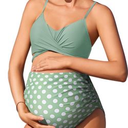 New NWT Summer Maternity l Green Polka Dot Two Piece Bikini Set XL J