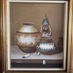 Large Original Myung Mario Jung Sand Art Painting - Kachina Dancer & Pueblo Pottery Still Life