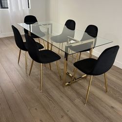 Black Gold Velvet Glass Dining Set For 6