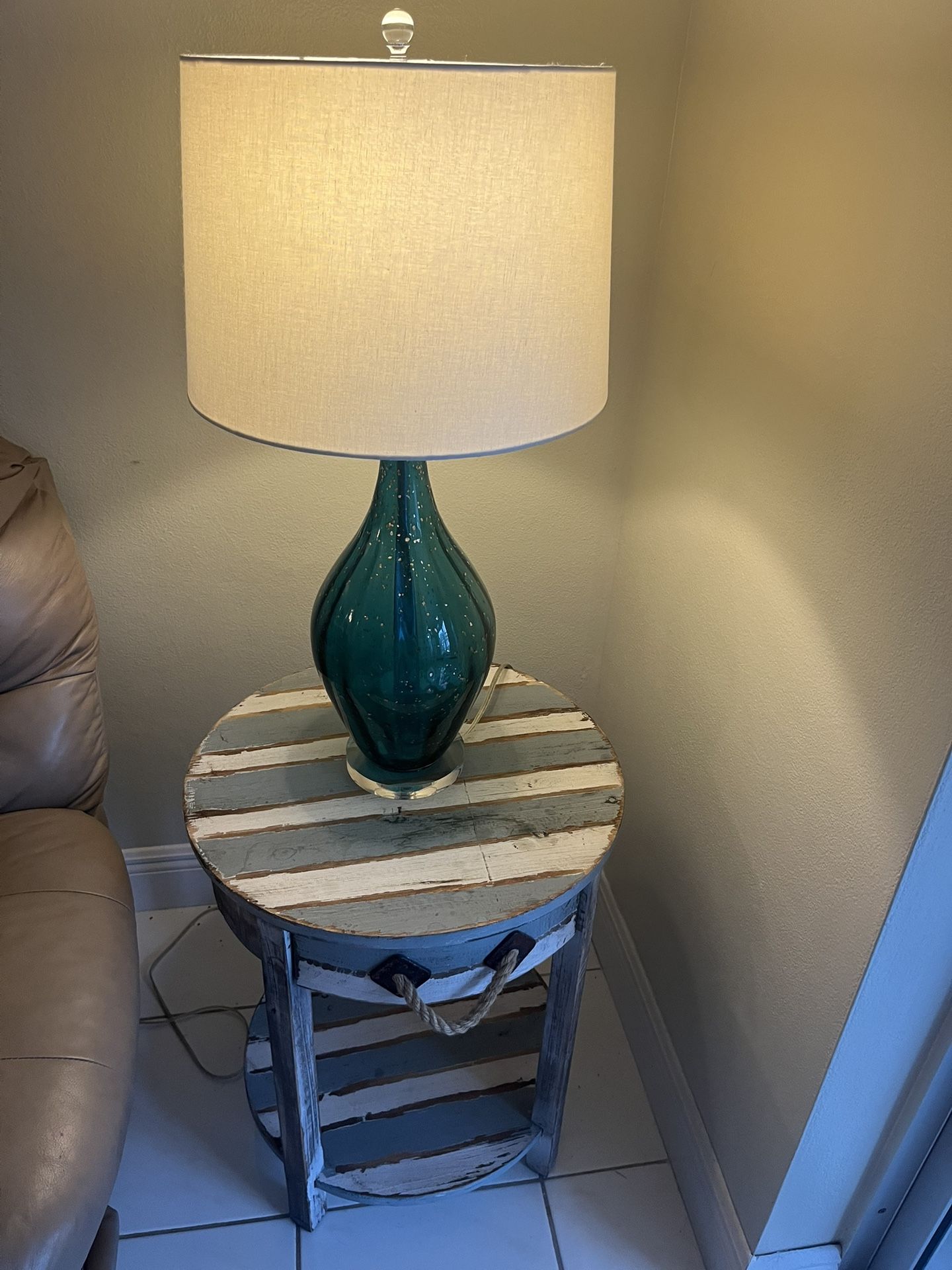 2 X Possini Euro Sophie Blue Fluted Art Glass Table Lamp with 2 Swiftsure Solid wood end tables with storage