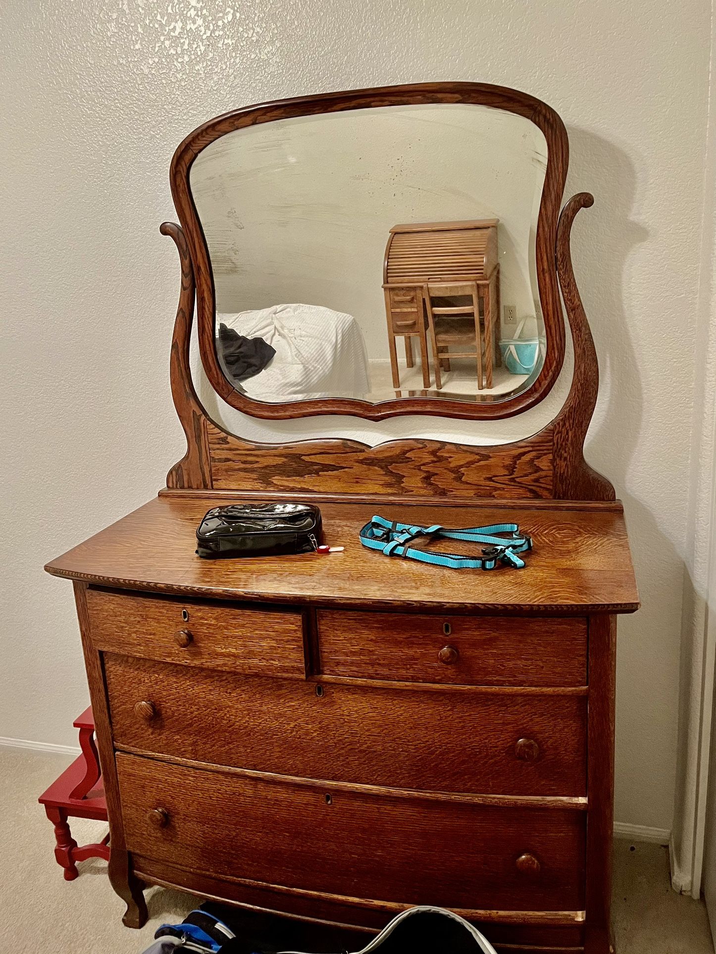 Antique Oak Dresser With Harp Style Mounted Mirror