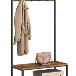 VASAGLE Hallway Coat Rack with Shoe Storage Bench, Entryway Bench with Shoe Storage, 3-in-1, Steel Frame, for Entryway, 12.6 x 27.6 x 68.9 Inches, Ind