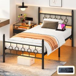 Twin Bed Frames with Headboard, LED Bed Frame with Charging Station, Metal Platform, Under-Bed Storage, No Box Spring Needed, Noise Free, Easy Assembl