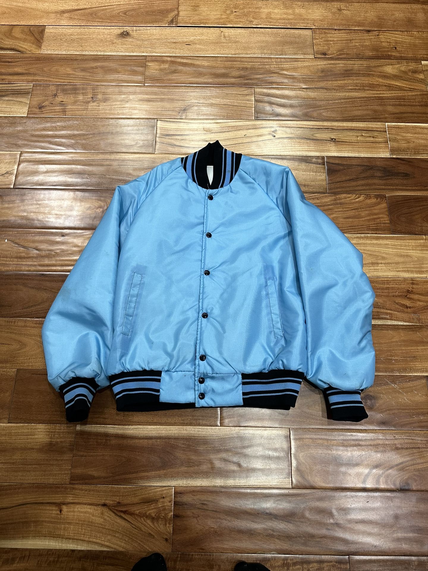 Vintage 70s 80s Baby Blue Button Bomber Jacket Coat