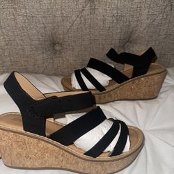 Black and Tan Wedge Sandals