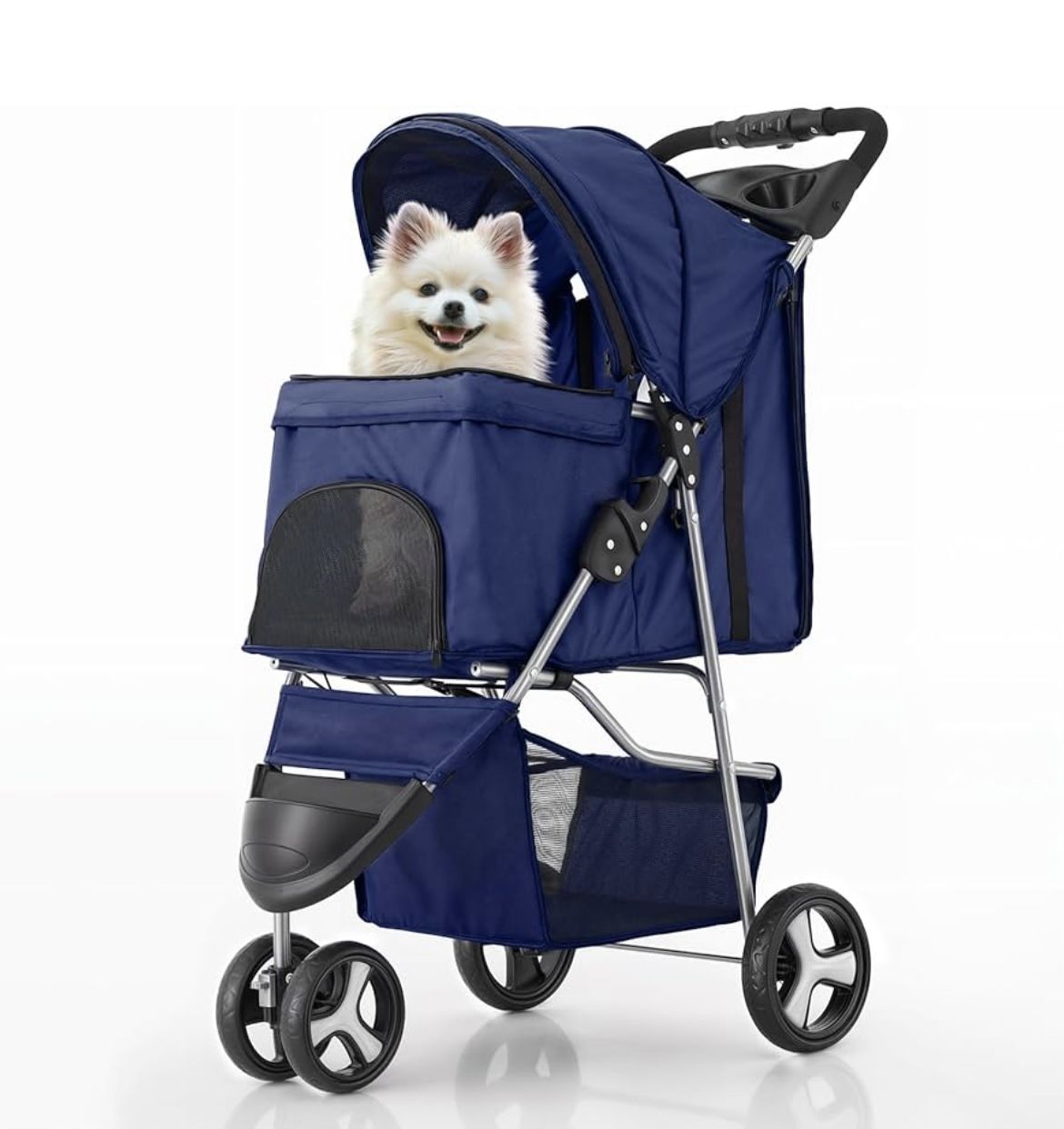 MoNiBloom 3 Wheels Pet Stroller, Foldable Dog Cat Cage Jogger Stroller with Weather Cover for All-Season, Storage Basket and Cup Holder, Breathable