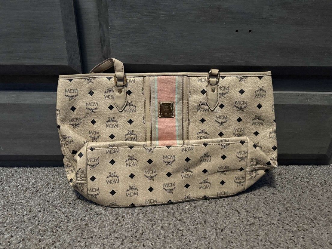 MCM Beige Visetos Striped Tote Bag