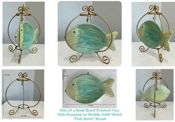 One of a Kind Hand Painted Clay Fish Hanging in Shabby Gold Metal “Fish Bowl” Stand