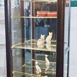 Tall curio cabinet 5 adjustable glass shelves with light and 2 way sliding door.