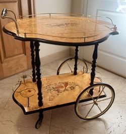 Vintage Two-Tier Italian Marquetry Drop-Leaf Bar Cart