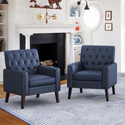 Dark Blue Leather Accent chair Set Of 2